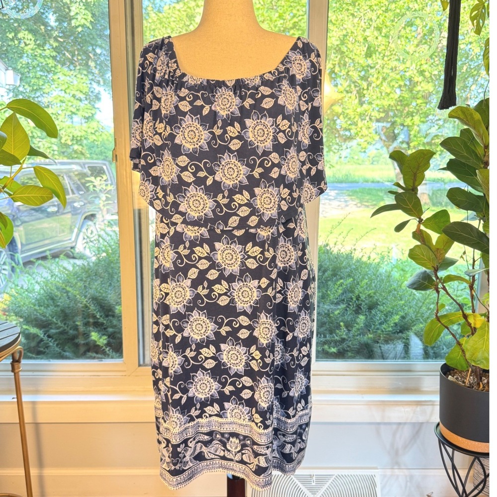 J. Jill Blue White Floral Popover Knit Dress XL Short Sleeve Scoop Neck Beachy